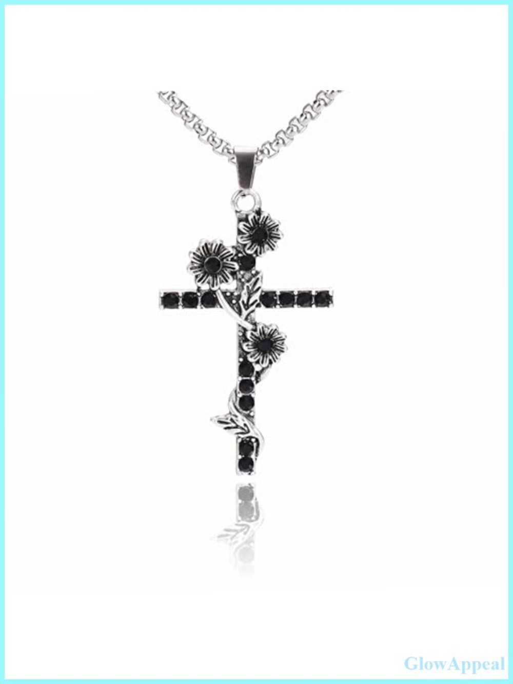 Antique Silver Cross Pendant Necklace Black Rhinestone Gothic
